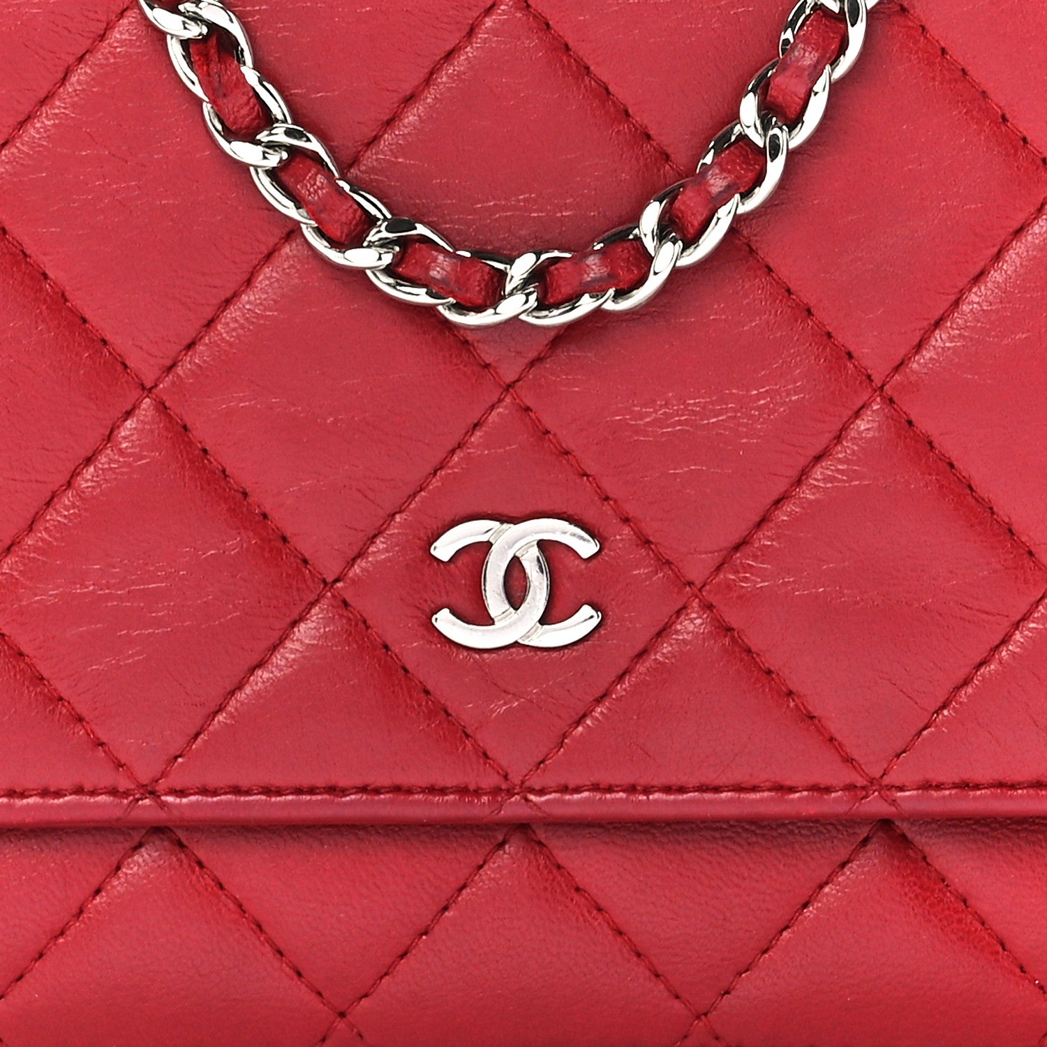 Chanel Lambskin Quilted Wallet On Chain WOC Red 7 of 10