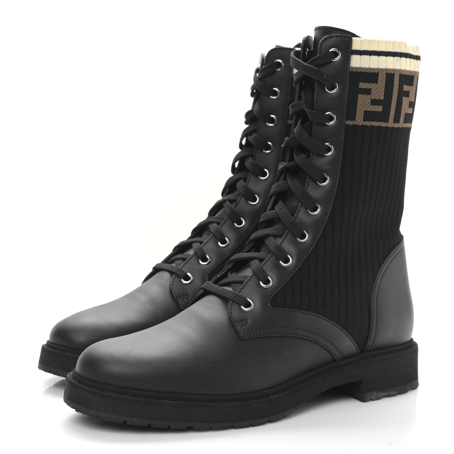 Fendi Calfskin Stretch Fabric Rockoko Biker Boots 41 Tobacco Black Marino 3 of 6