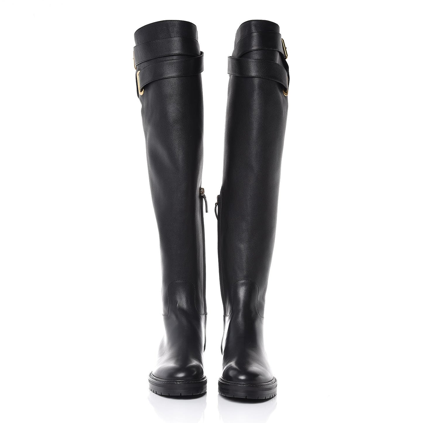 Calfskin Knee High Buckle Boots 36 Black