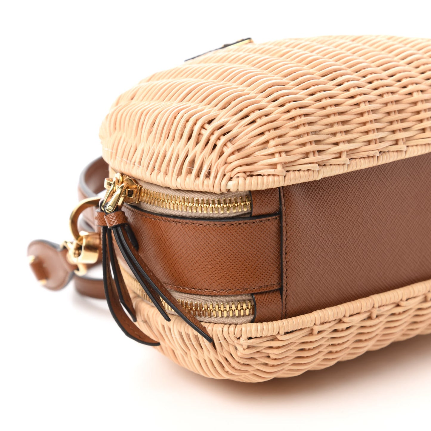 Wicker Saffiano Midolino Odette Top Handle Bag Beige Cognac