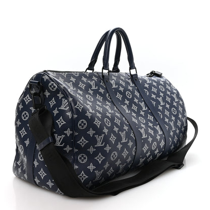 Louis Vuitton Calfskin Shadow Monogram Keepall Bandouliere 50 Ink Blue White 2 of 9
