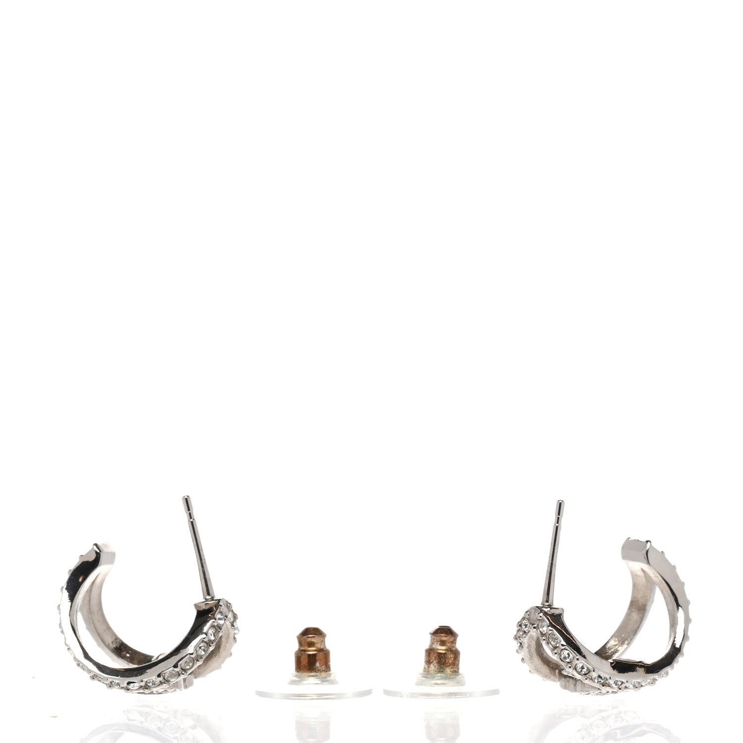 Chanel Crystal Strass CC Double Hoop Earrings Silver 3 of 5