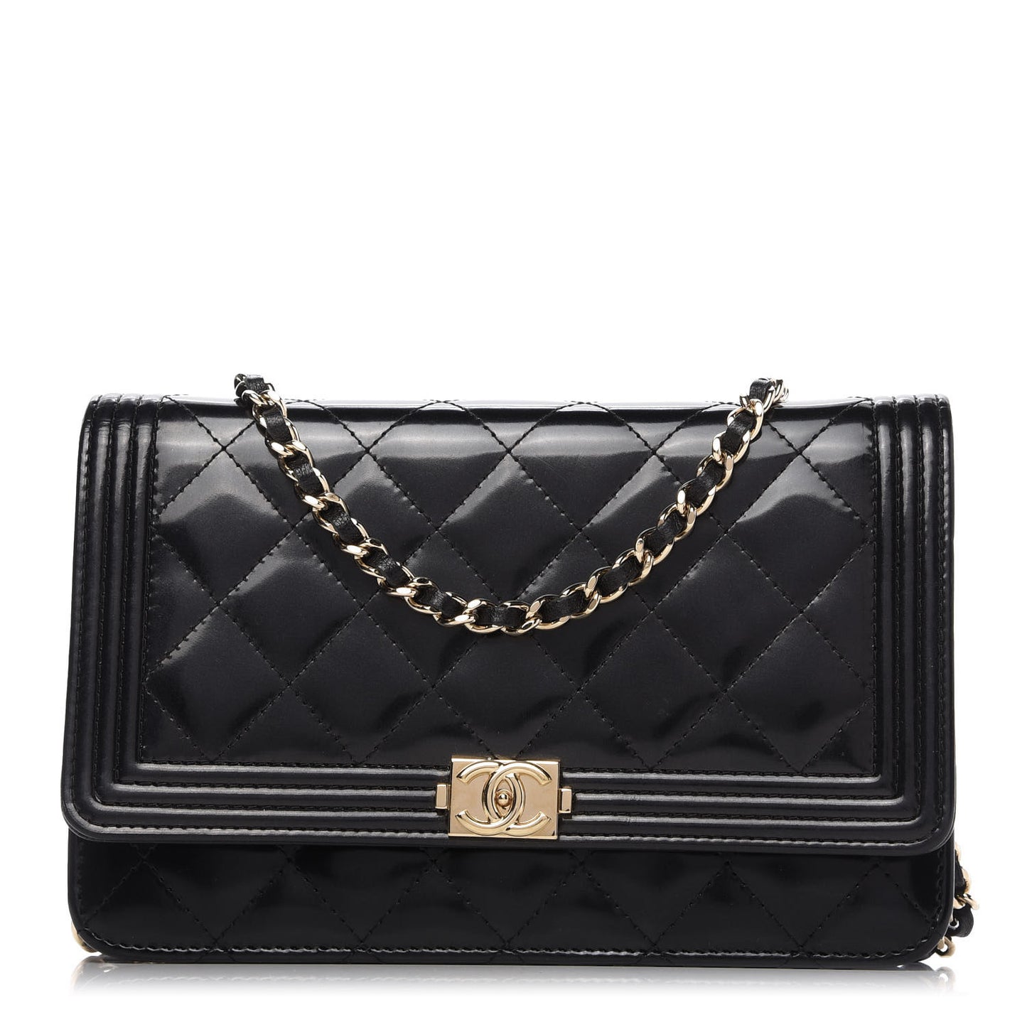 Patent Calfskin Quilted Boy Wallet On Chain WOC Black