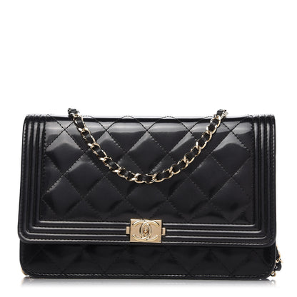 Chanel Patent Calfskin Quilted Boy Wallet On Chain WOC Black 1 of 12