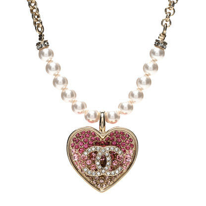 Chanel Pearl Crystal Resin CC Heart Short Necklace Pink Gold White 1 of 6