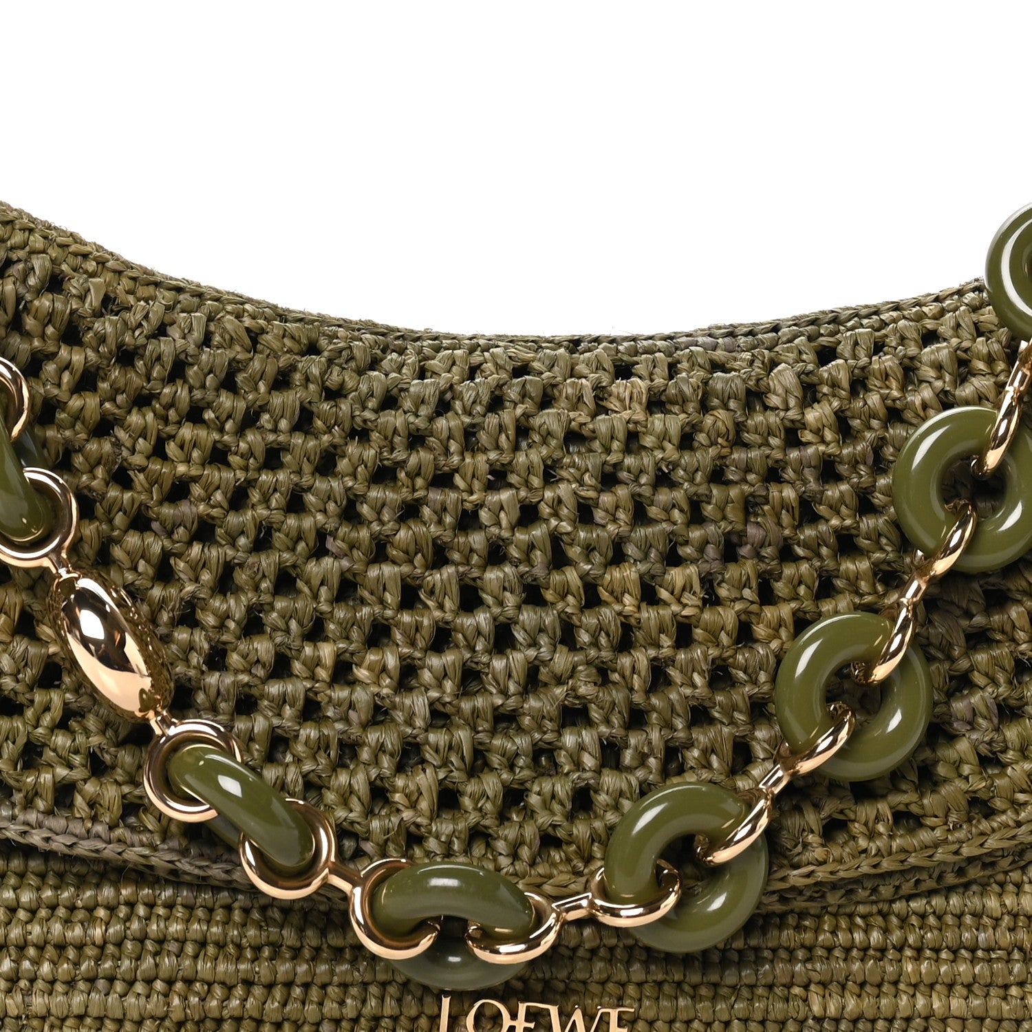 Loewe Raffia Calfskin Donut Chain Medium Ola Shoulder Bag Dark Khaki 7 of 9