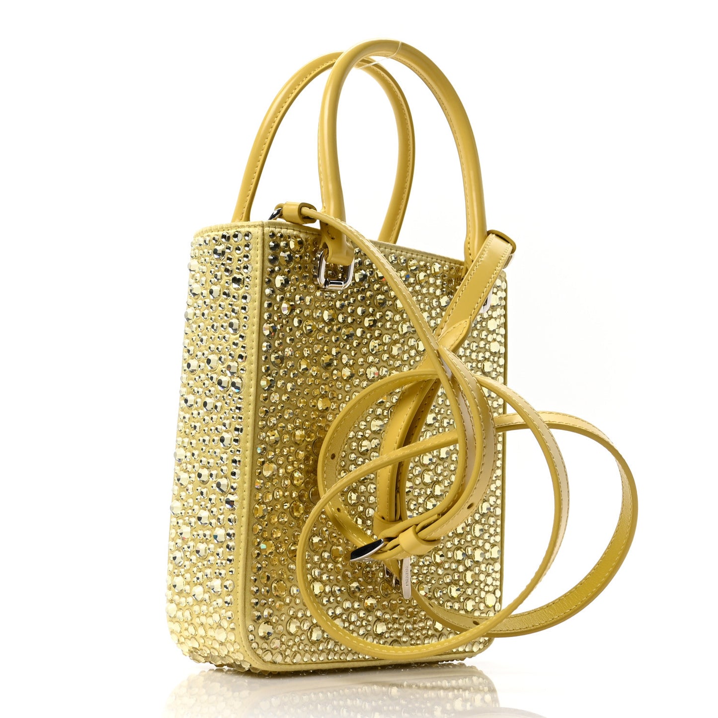 Satin Crystal Metal Triangle Logo Small Double Handle Crossbody Tote Ananas