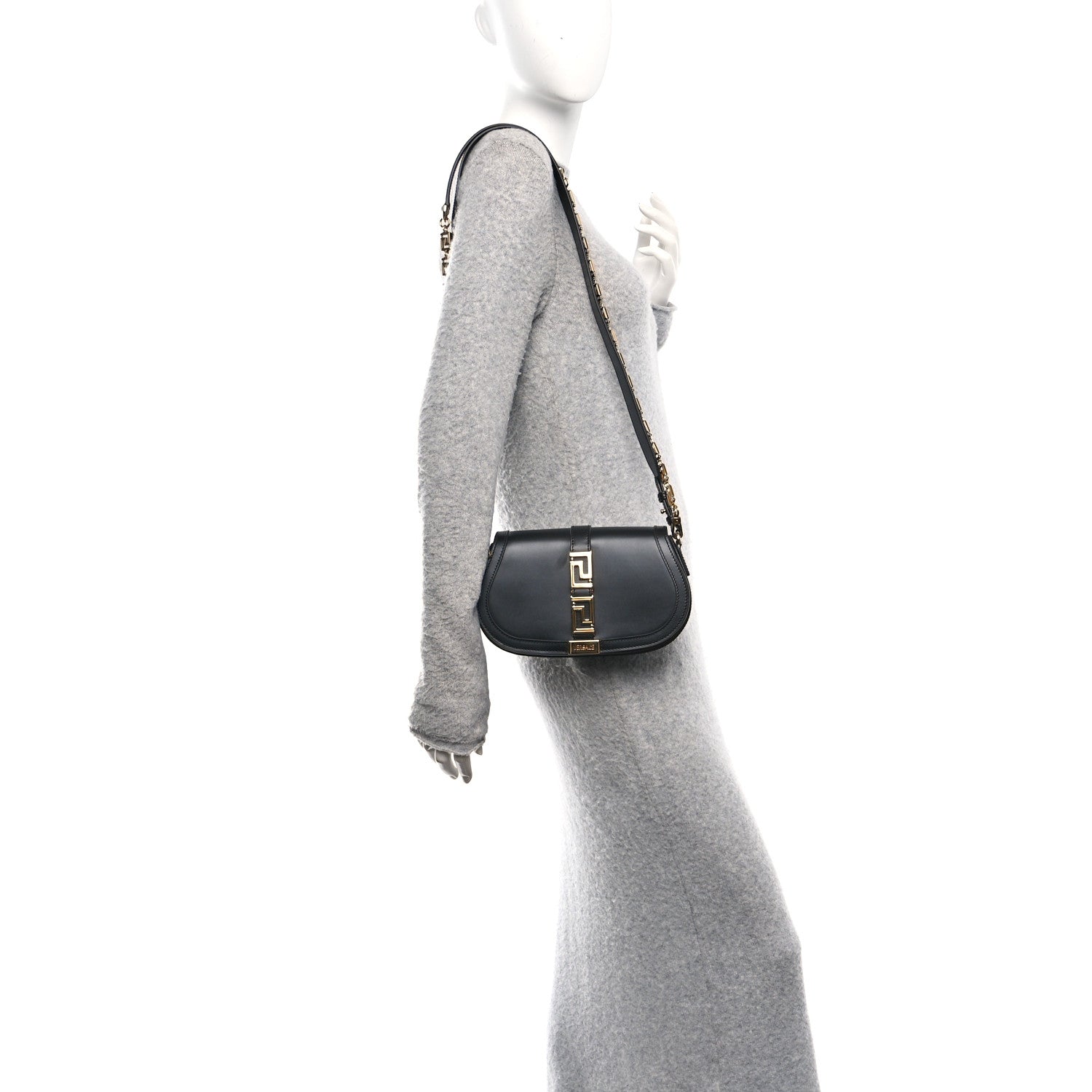Versace Calfskin Medium Greca Goddess Shoulder Bag Black 2 of 10