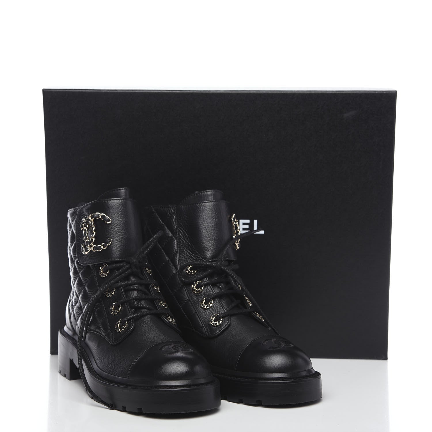 Chanel Shiny Goatskin Calfskin Quilted Lace Up Combat Boots 37.5 Black 9 of 9
