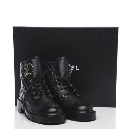Chanel Shiny Goatskin Calfskin Quilted Lace Up Combat Boots 37.5 Black 9 of 9