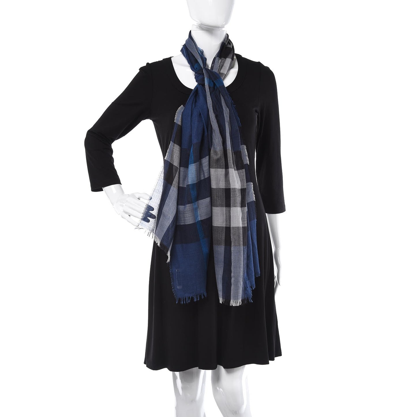 Silk Cashmere Half Mega Check Scarf Cobalt Blue