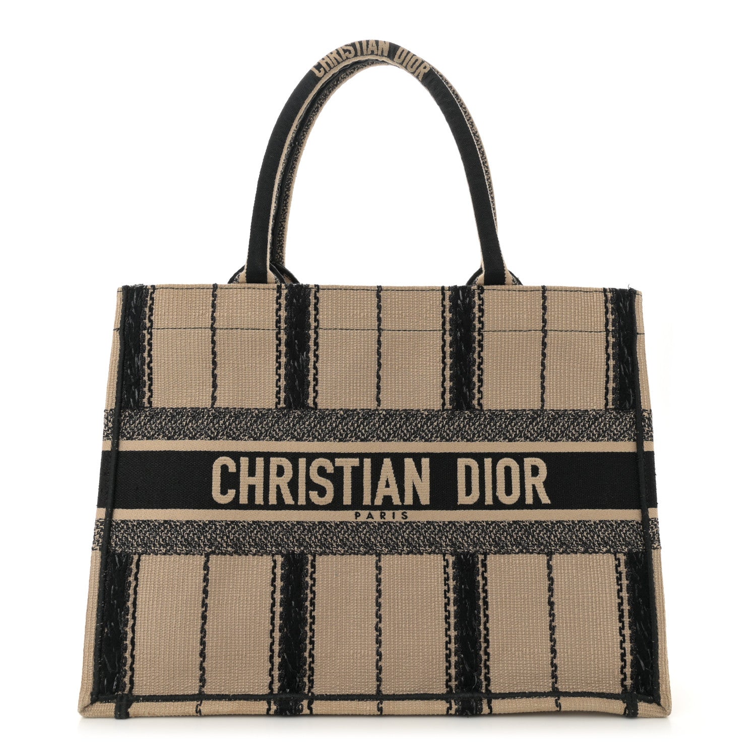 Christian Dior Canvas Embroidered Medium Bayadere Book Tote Black Beige 1 of 13