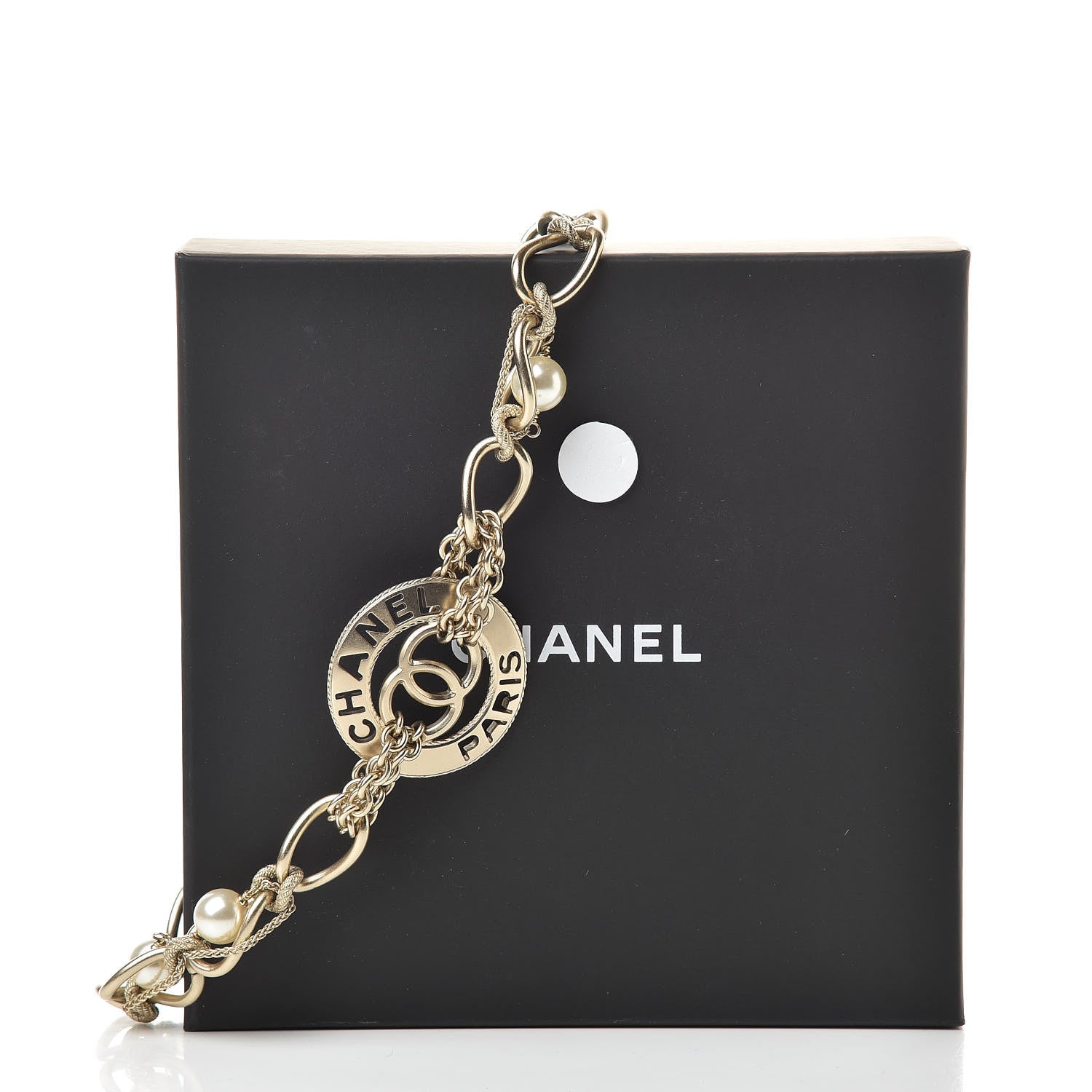 Chanel Metal Pearl Chain CC Paris Pendant Necklace Light Gold 5 of 5