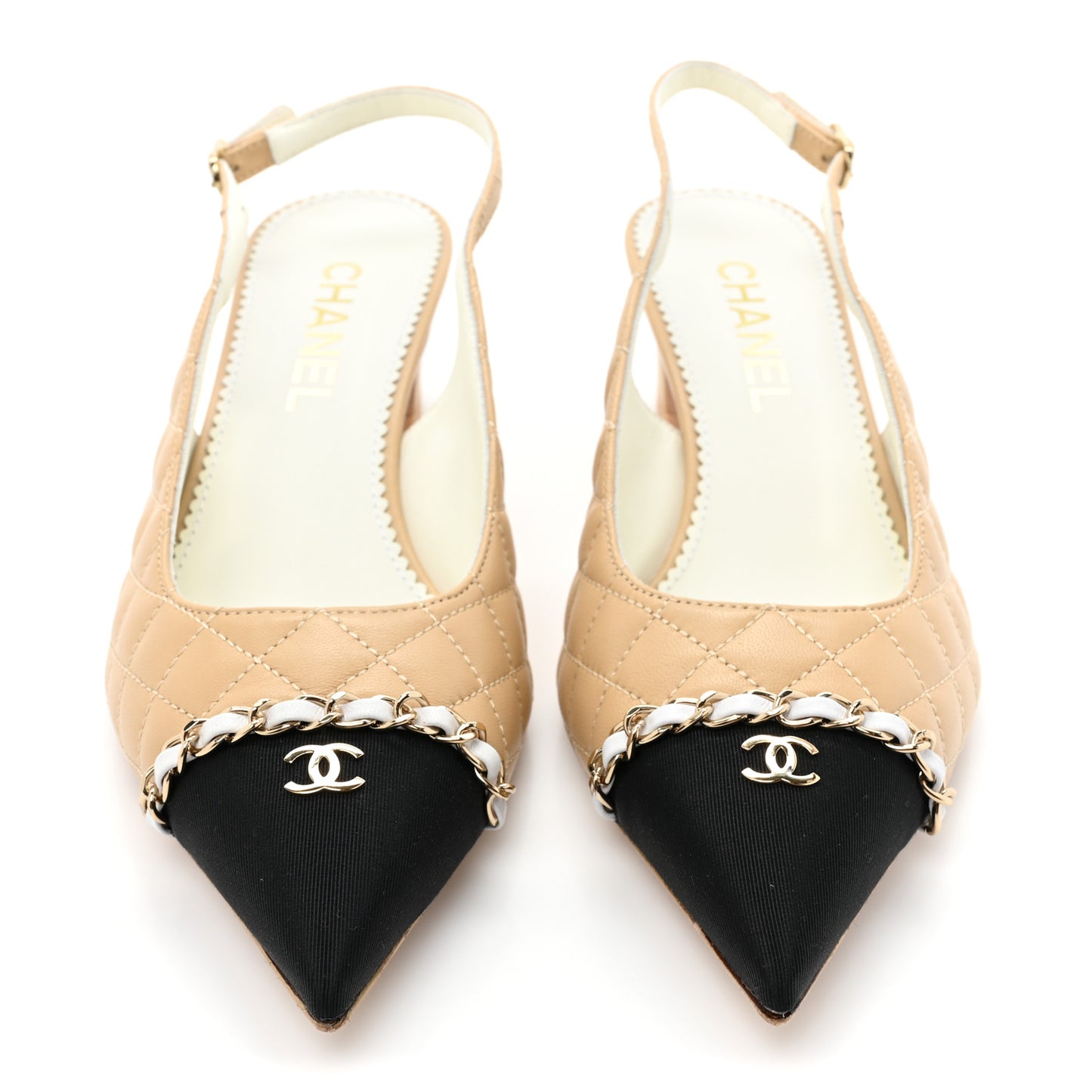 Lambskin Grosgrain Quilted Cap Toe CC Chain Slingback Pumps 38.5 Beige Black