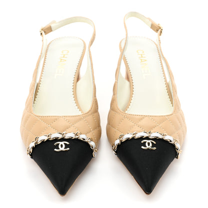 Chanel Lambskin Grosgrain Quilted Cap Toe CC Chain Slingback Pumps 38.5 Beige Black 2 of 9