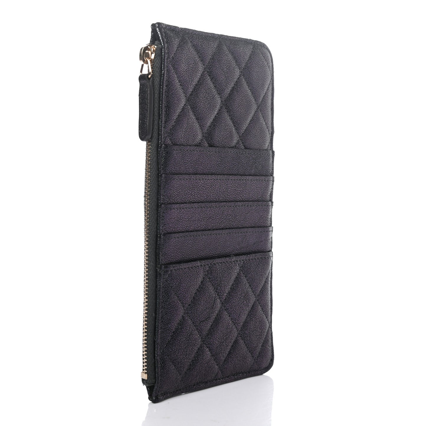 Iridescent Caviar Quilted Classic Flat Wallet Pouch Black