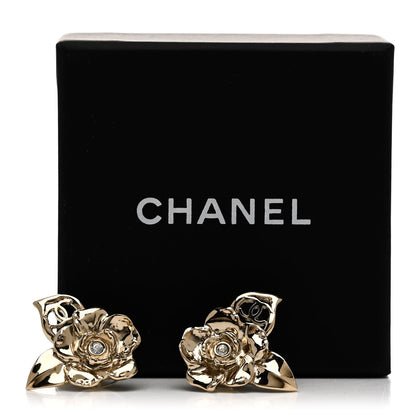 Chanel Crystal CC Camelia Earrings Gold 5 of 5