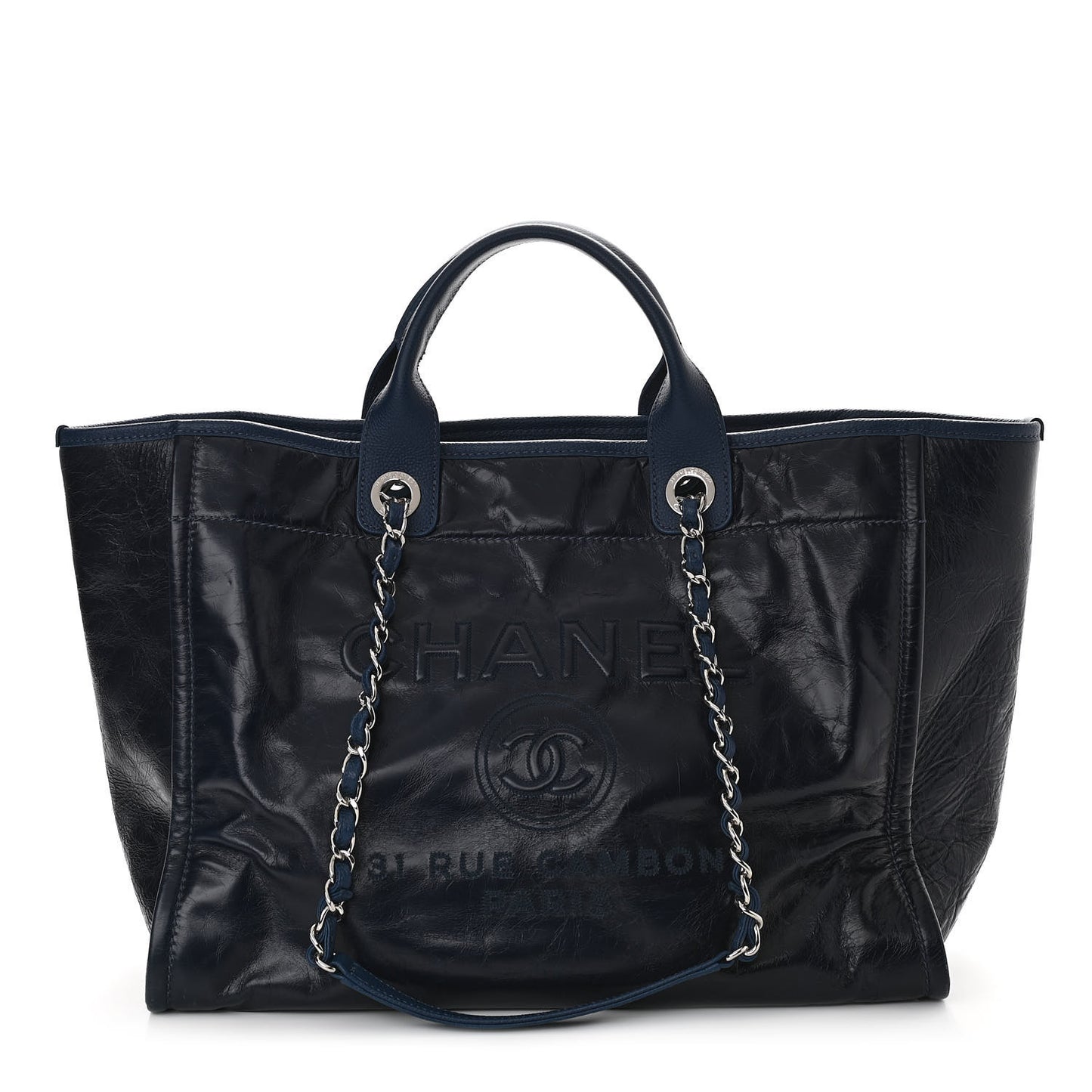 Glazed Calfskin Medium Deauville Tote Blue
