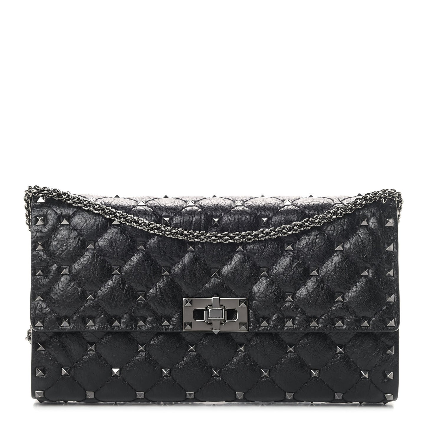 Craquele Nappa Rockstud Spike Wallet on Chain Black