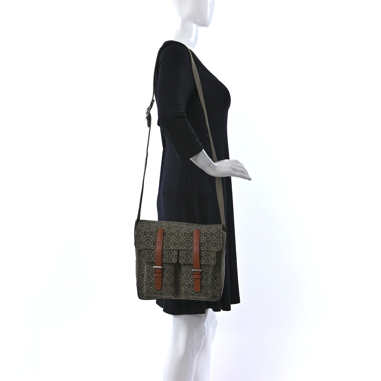 Loewe Jacquard Anagram Calfskin Military Satchel Khaki Green Tan 2 of 8