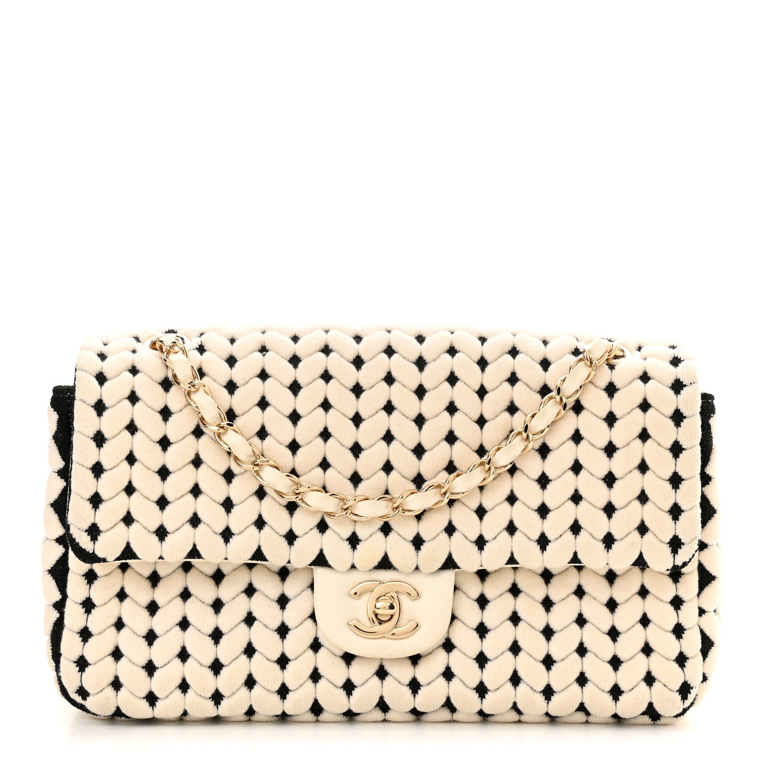 Chanel Calfskin Wool Woven Flap White Black 1 of 11