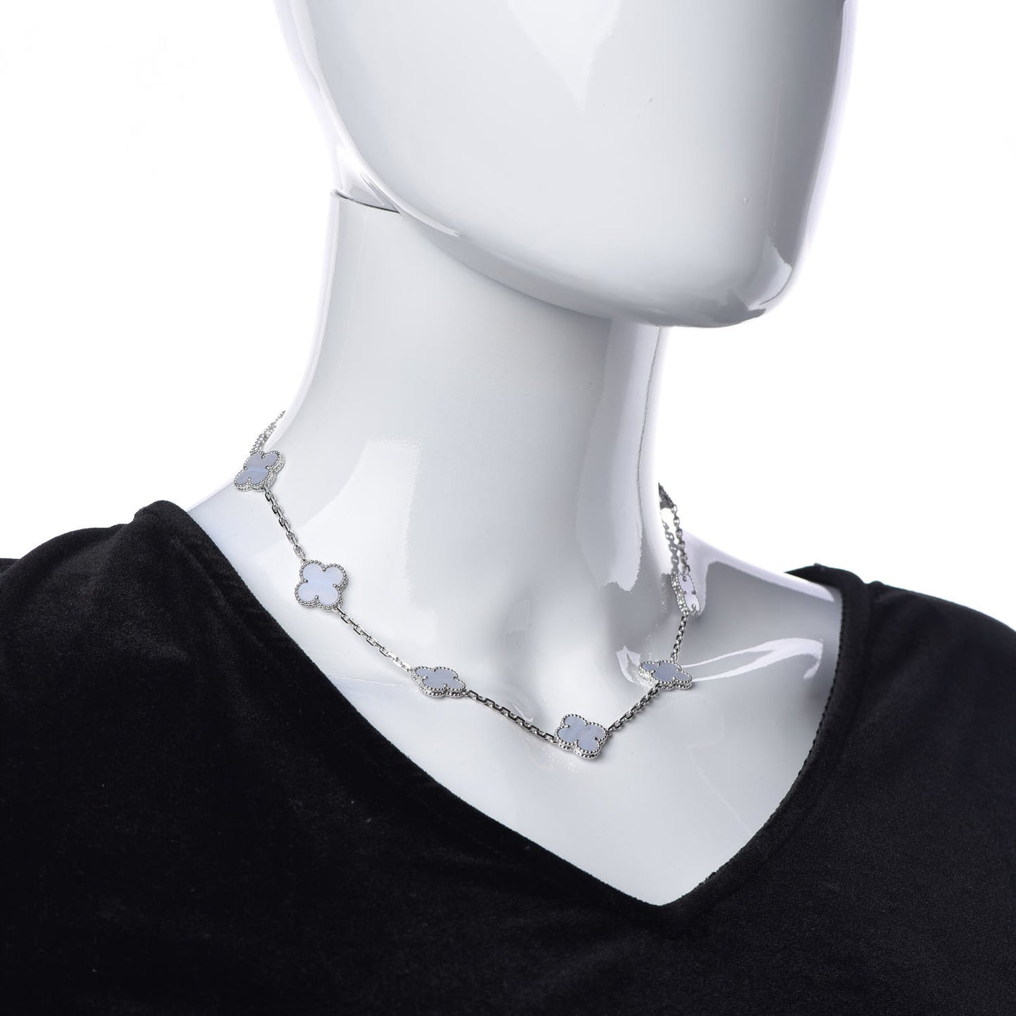 18K White Gold Chalcedony 10 Motifs Vintage Alhambra Necklace