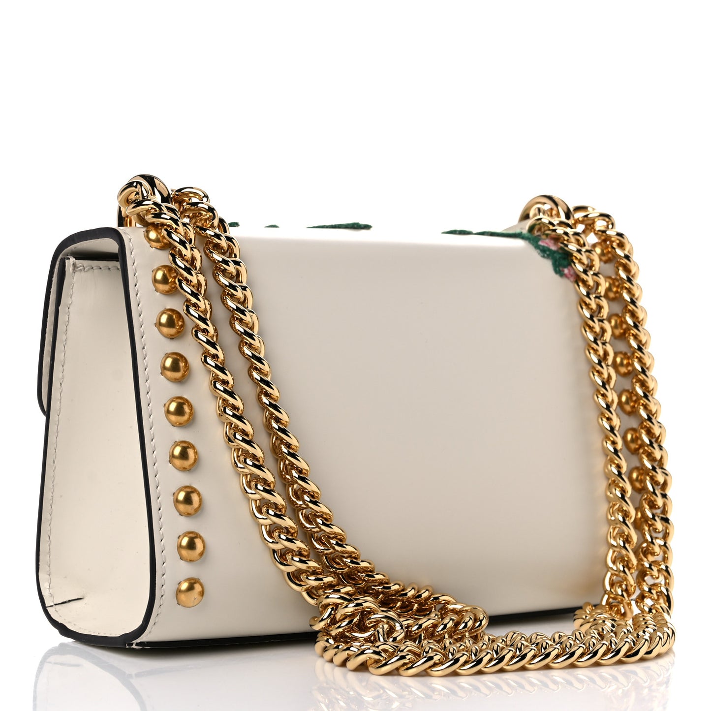 Calfskin Floral Embroidered Small Padlock Shoulder Bag White
