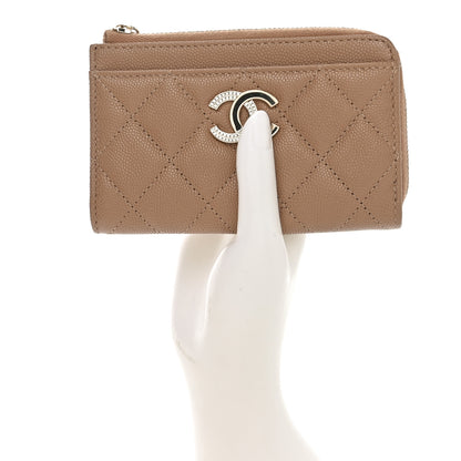 Chanel Caviar Quilted Crystal CC Zip Around Card Holder Dark Beige 2 of 8