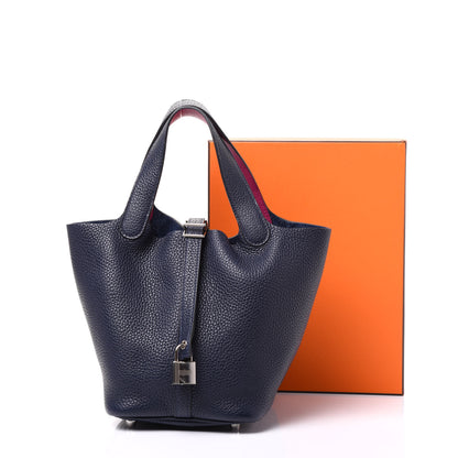 Hermes Taurillon Clemence Swift Picotin Lock 18 PM Bleu Nuit Rose Pourpre 12 of 12