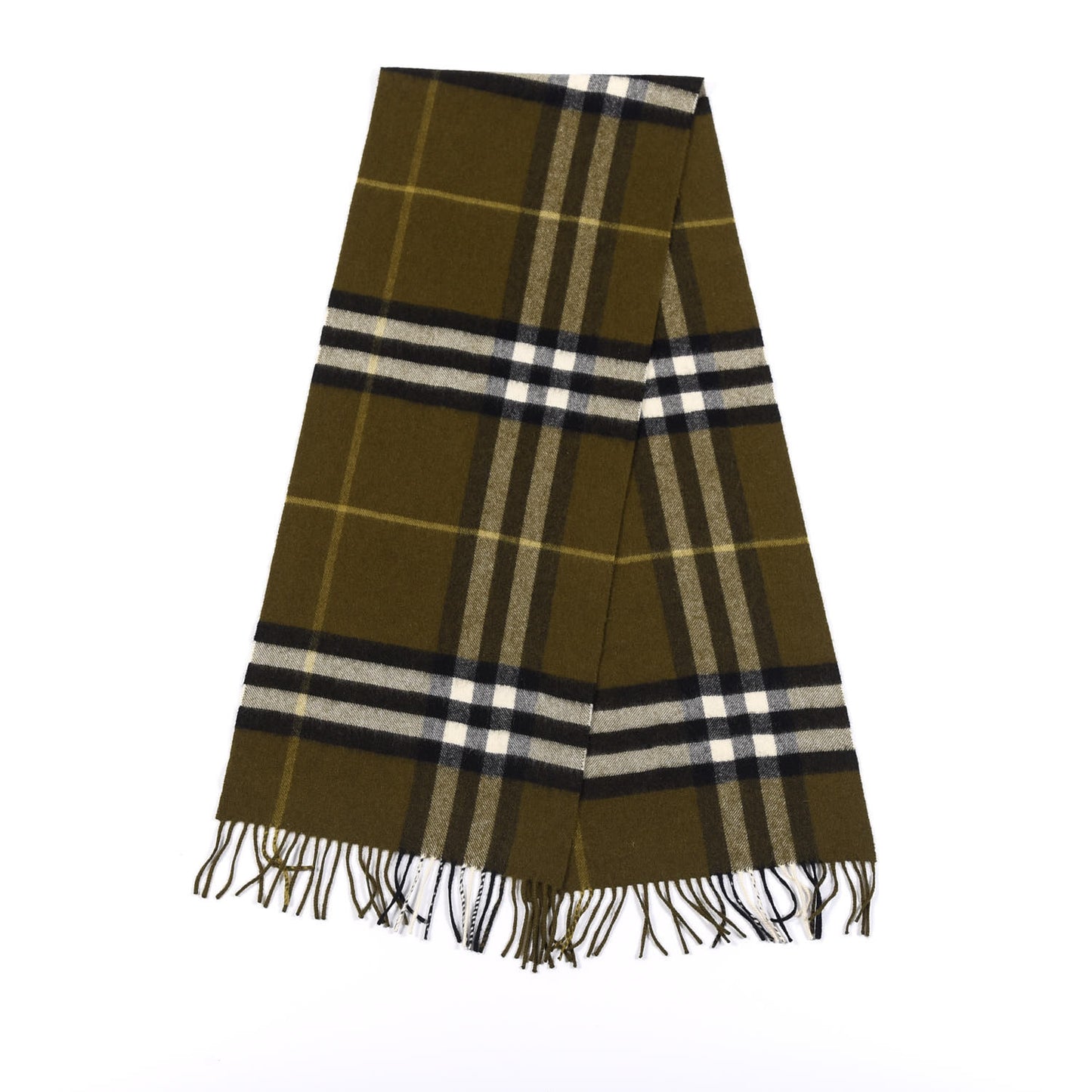 Cashmere Giant Check Fringe Scarf Olive Green