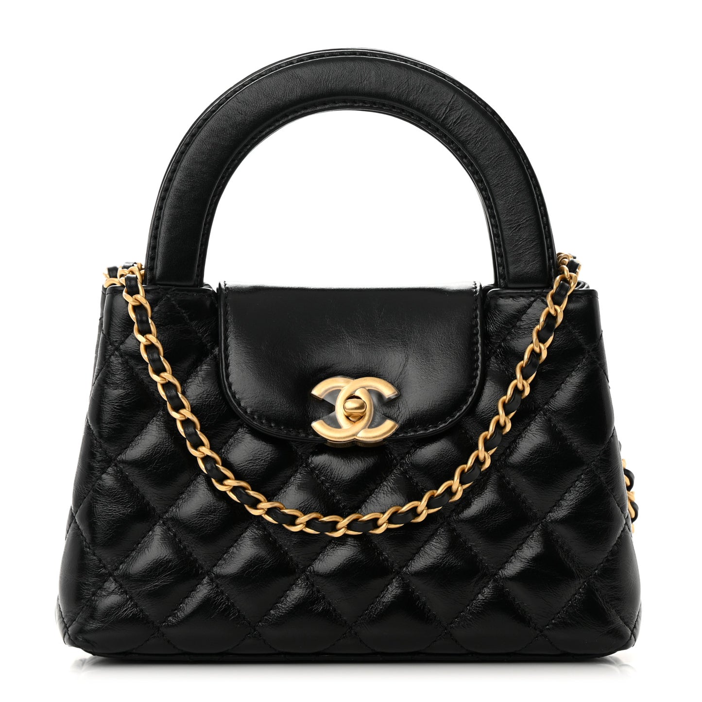 Shiny Aged Calfskin Quilted Nano Kelly Shopper Black