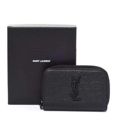 Saint Laurent Calfskin Crocodile Embossed Monogram Zip Coin Purse Black 7 of 7