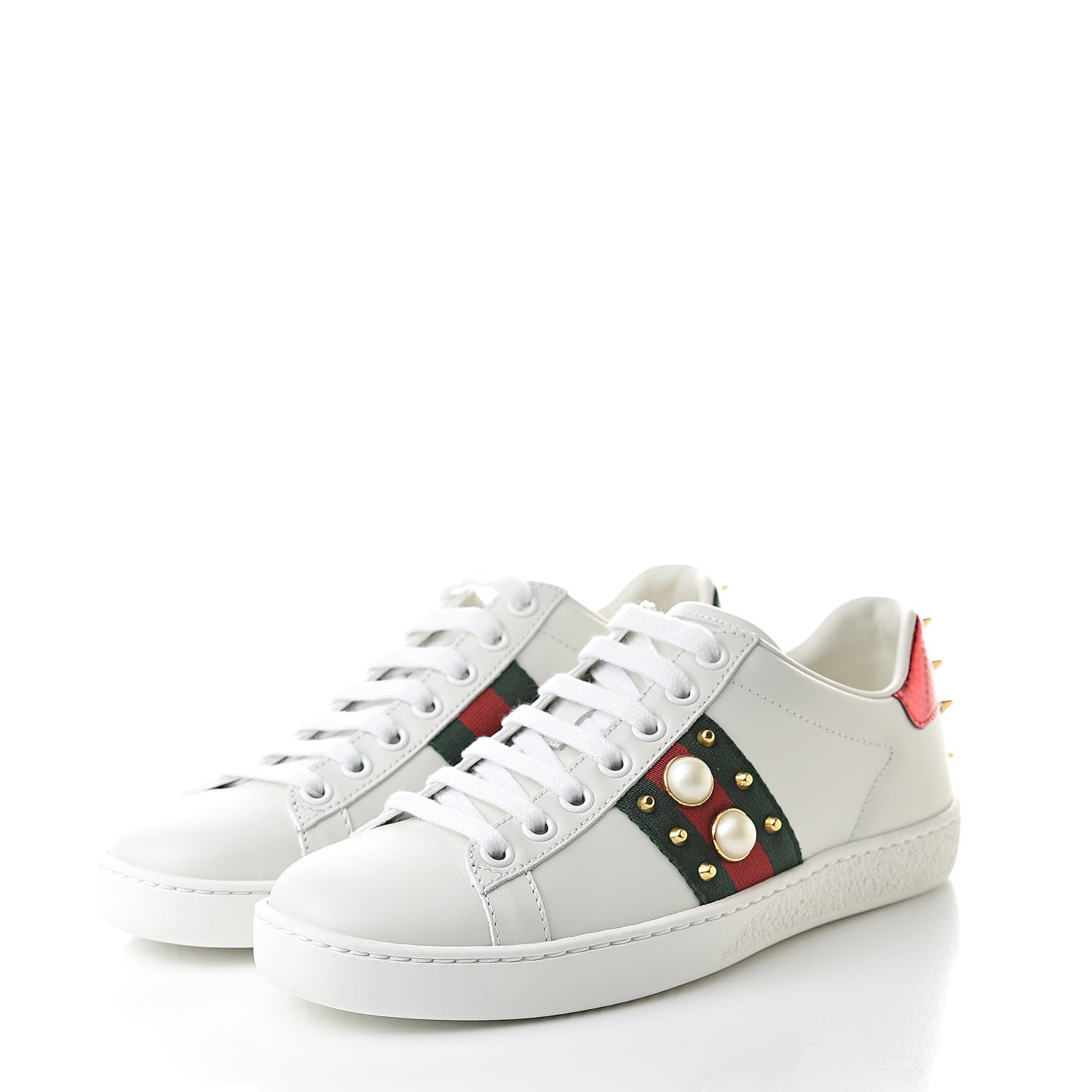 Gucci Calfskin Web Pearl Studded Womens Ace Sneakers 34 White 3 of 10
