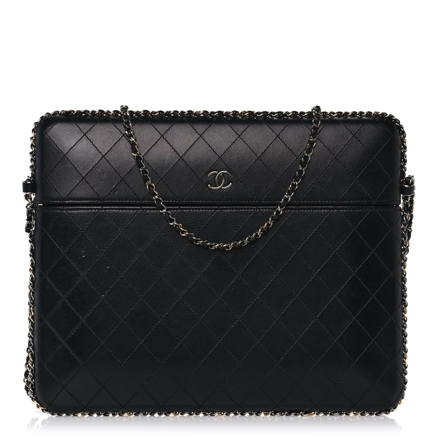 Lambskin Quilted Chain Around Tablet Holder Crossbody Black