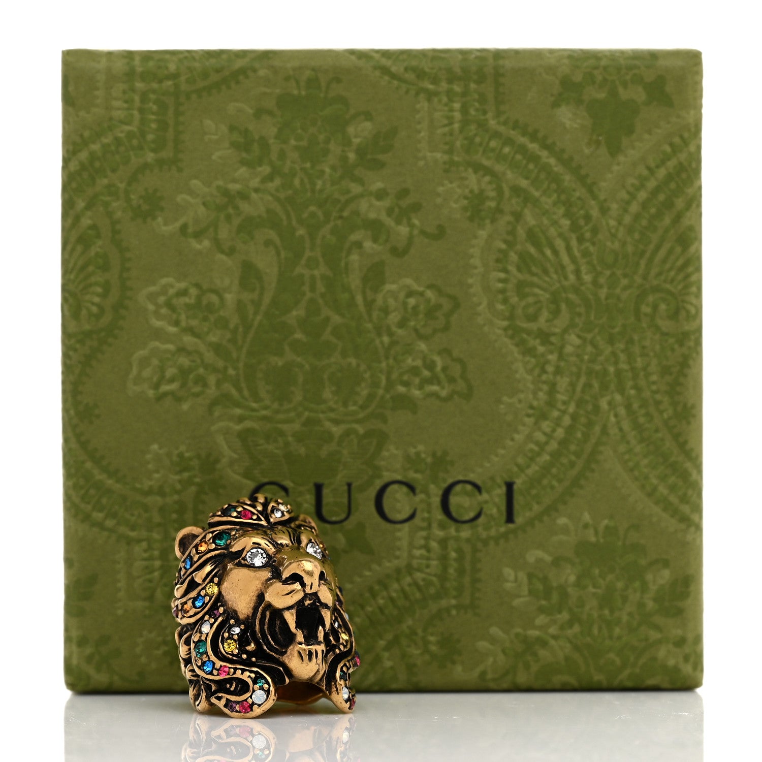 Gucci Metal Crystal Lion Head Ring 50 5.25 Aged Gold 6 of 6