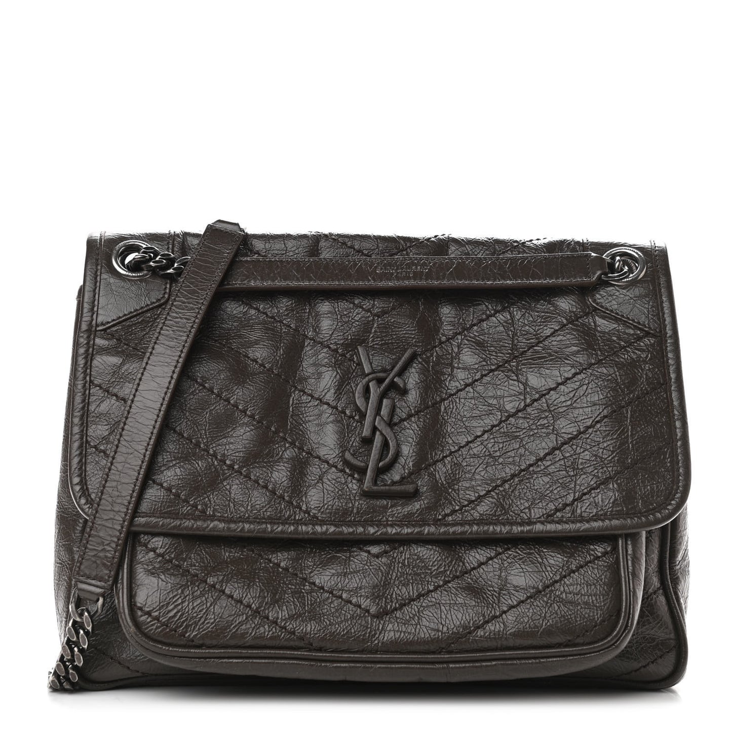 Crinkled Calfskin Matelasse Monogram Medium Niki Chain Satchel Faggio