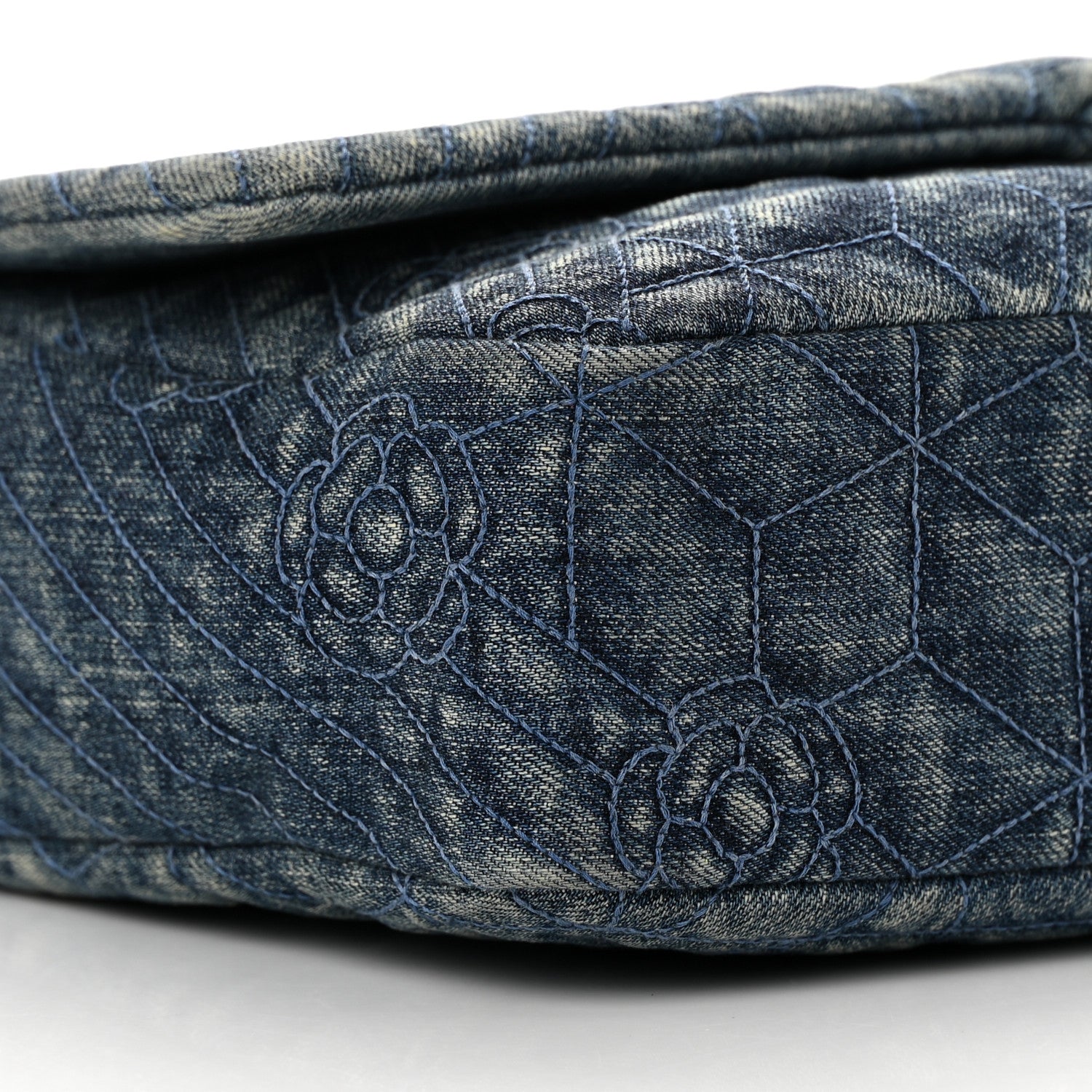Chanel Denim Quilted Camellia Embroidered Large Flap Blue 9 of 13