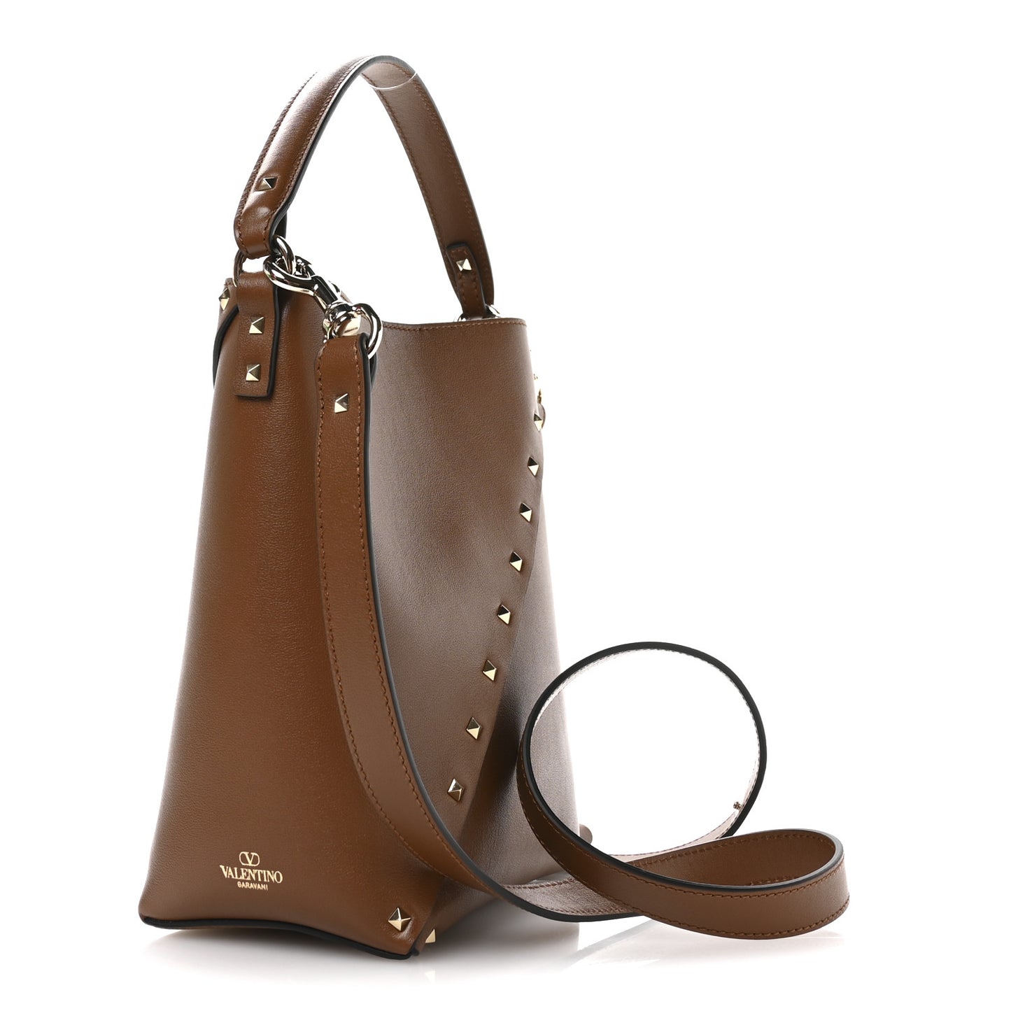 Calfskin Rockstud Wispy Bucket Bag Tobacco