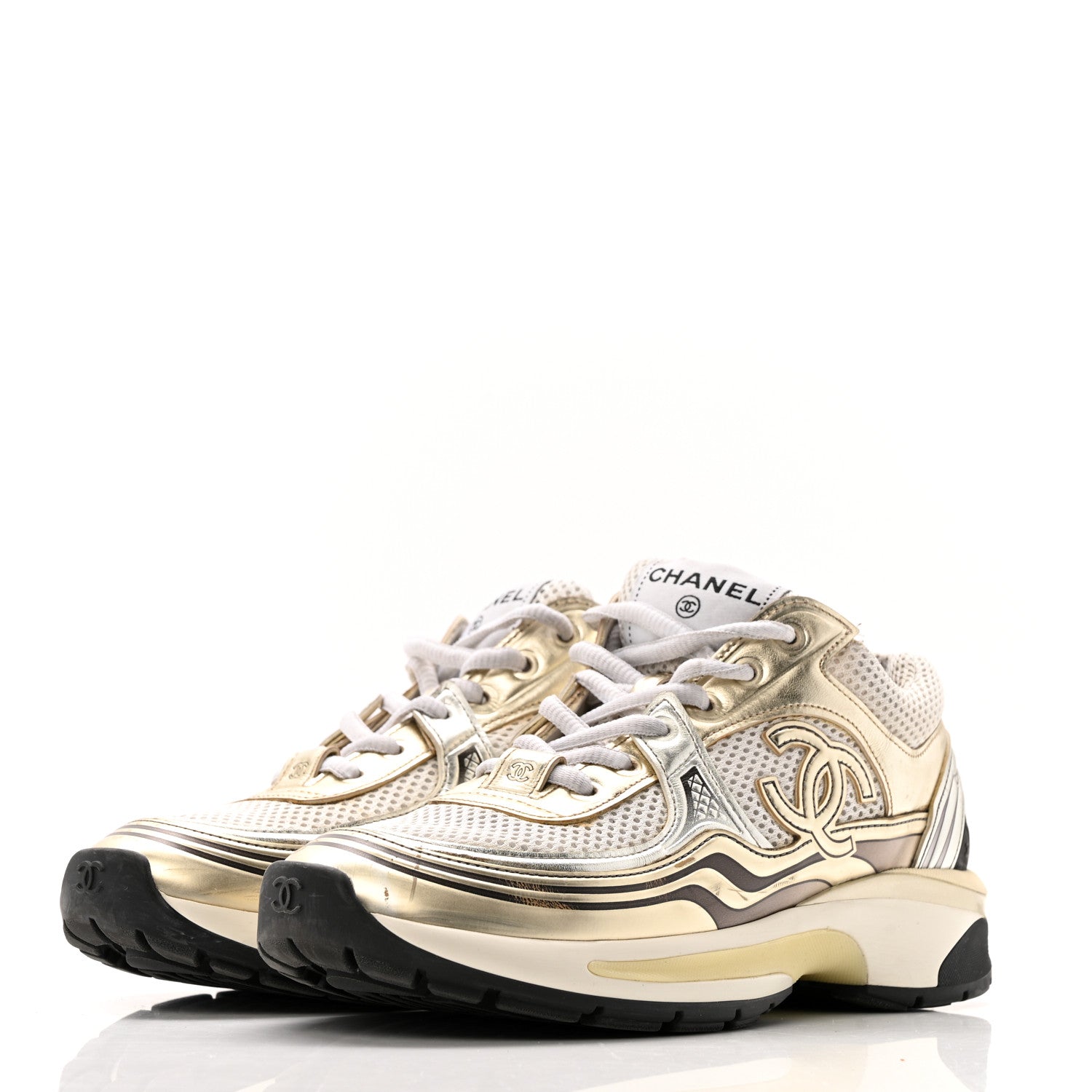 Chanel Fabric Laminated Calfskin Stretch CC Sneakers 36.5 White