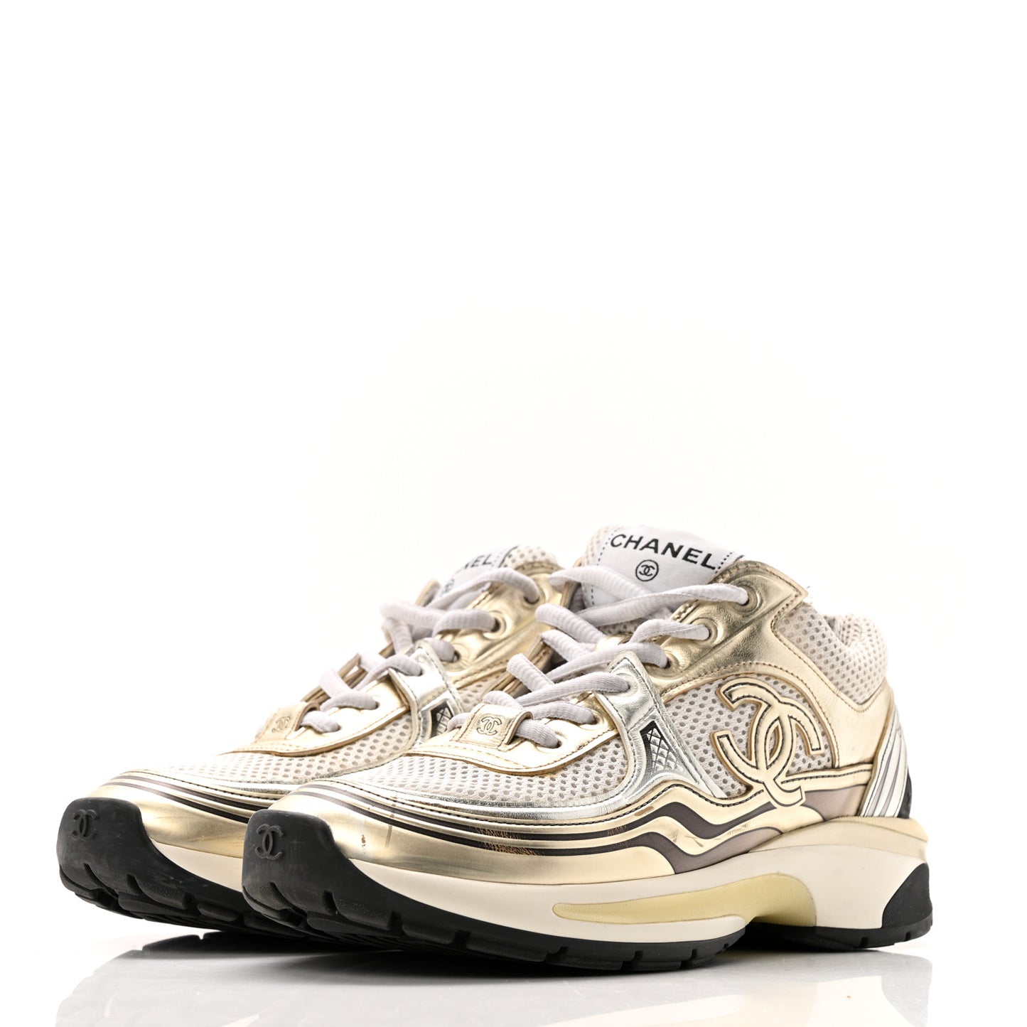 Fabric Laminated Calfskin Stretch CC Sneakers 36.5 White Gold Silver