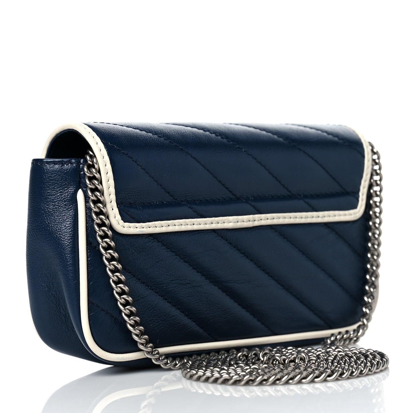 Vintage Effect Calfskin Matelasse Diagonal Super Mini Torchon GG Marmont Shoulder Bag Blue Agata Mystic White
