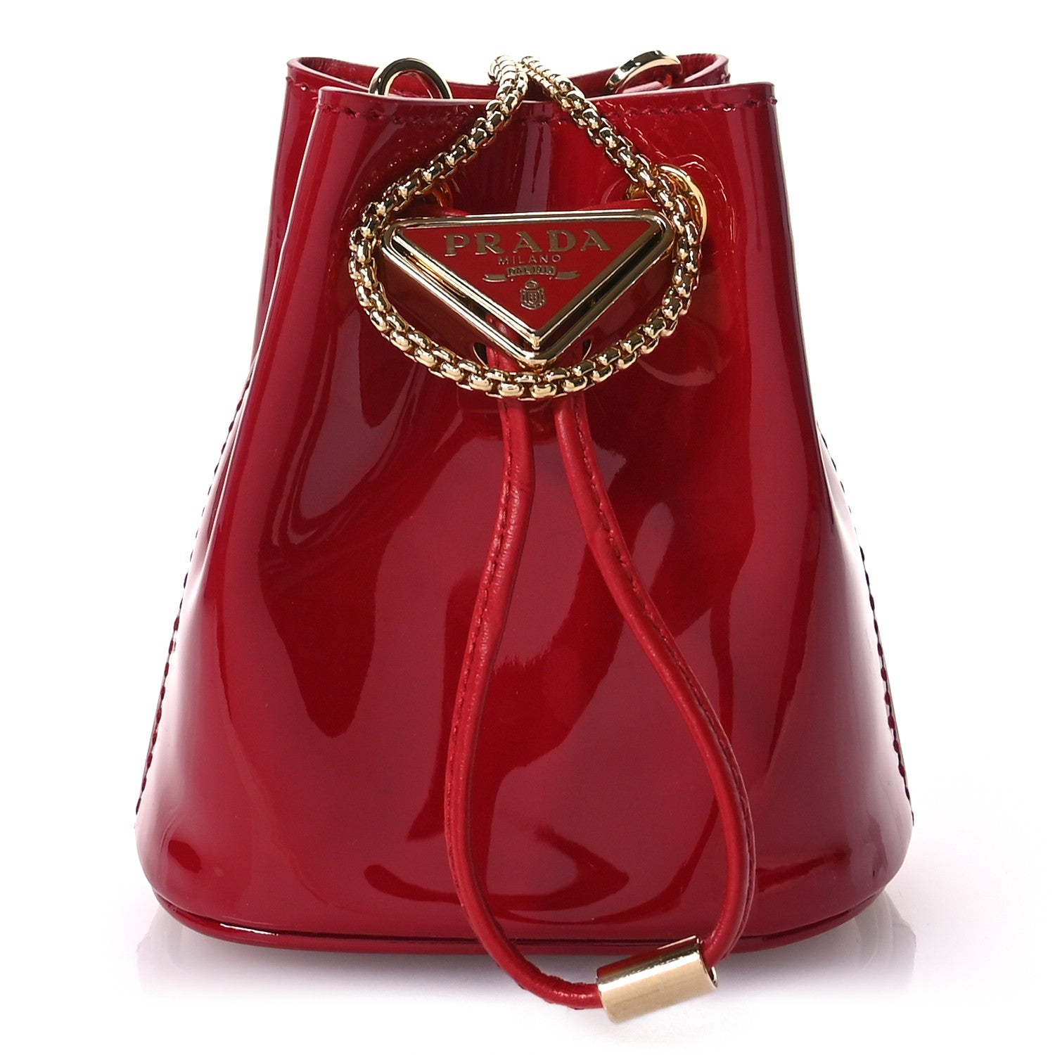 Prada Vernice Metal Triangle Logo Mini Drawcord Pouch Shoulder Bag Cherry 1 of 12