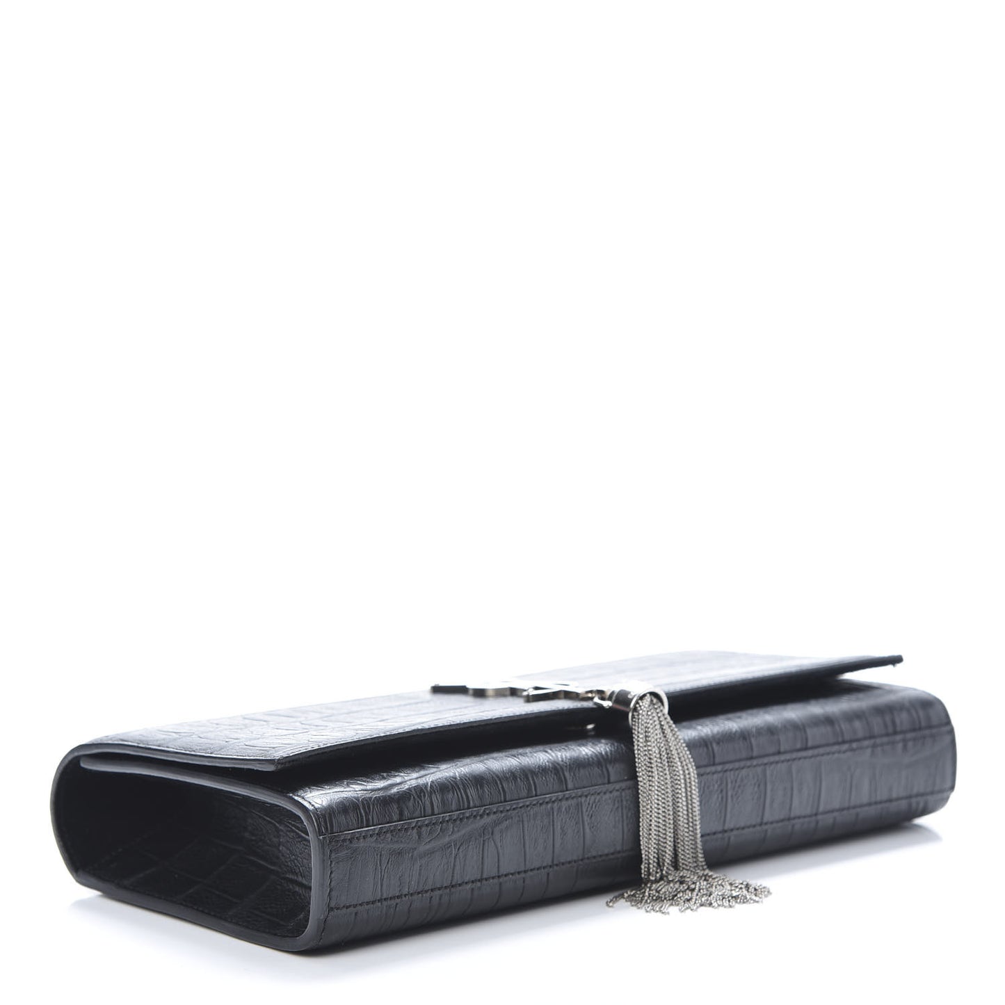 Calfskin Crocodile Embossed Classic Monogram Tassel Clutch Black