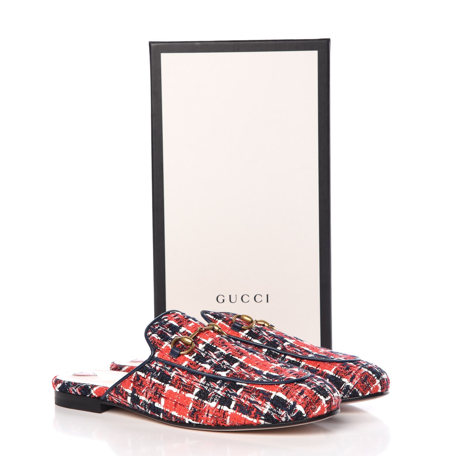 Gucci Tweed Check Womens Princetown Slippers 39.5 Hibiscus Red Royal Blue 11 of 11
