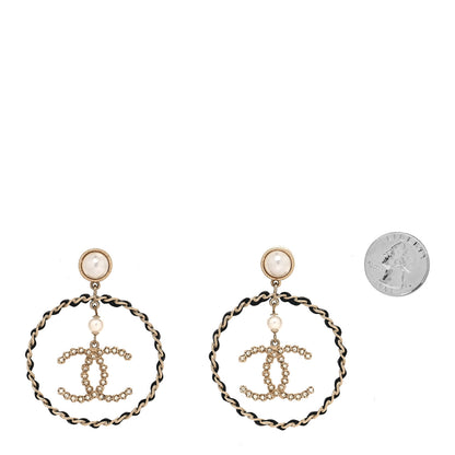 Chanel Lambskin Crystal Pearl CC Chain Hoop Earrings Gold Black 2 of 4