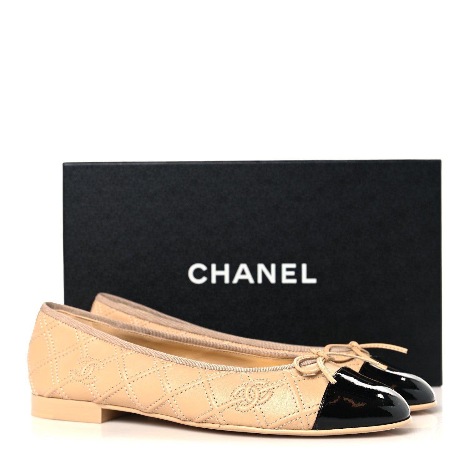 Chanel Lambskin Patent Double Stitched CC Cap Toe Ballerina Flats 39.5 Beige Black 10 of 10