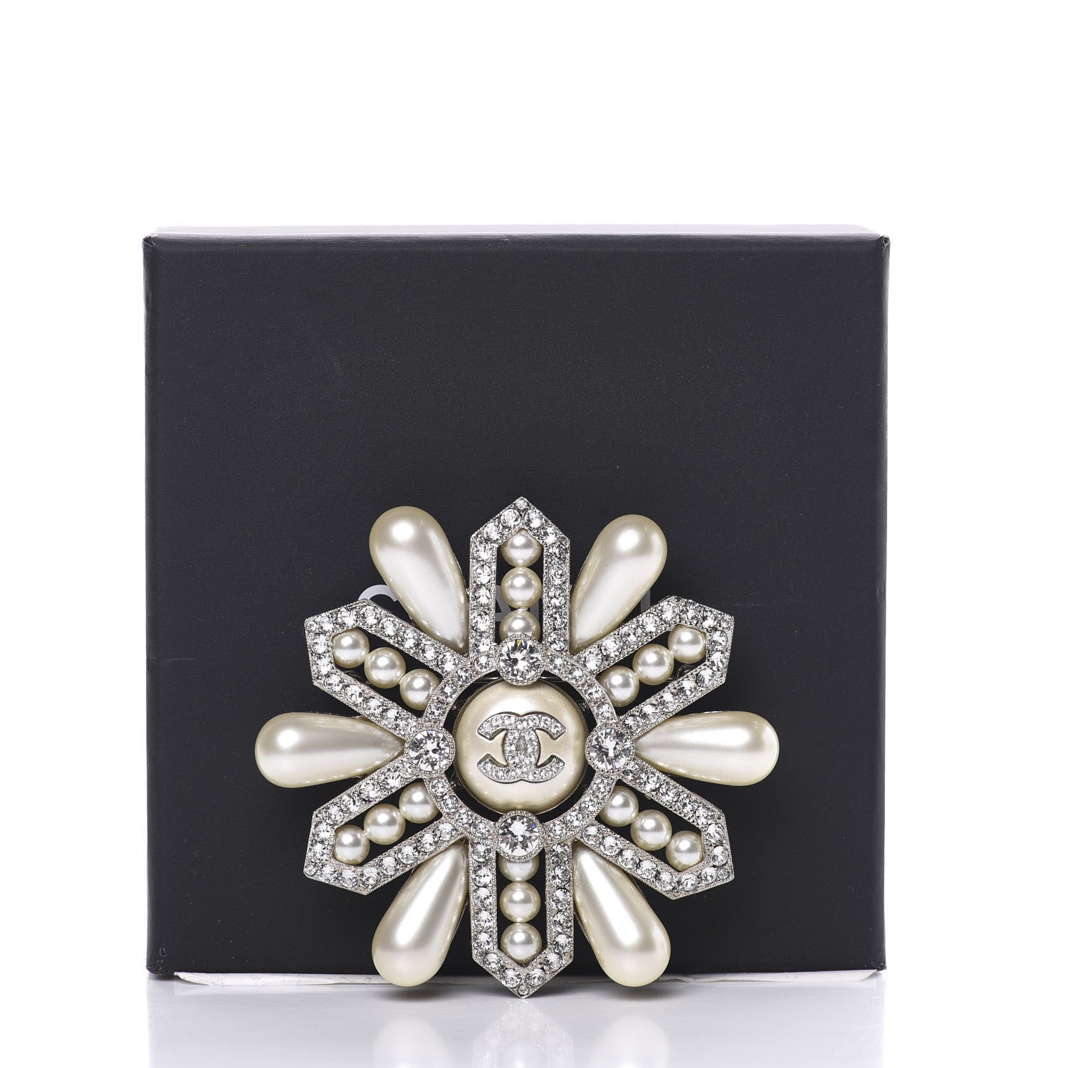 Chanel Pearl Crystal CC Snowflake Brooch Pearly White Silver 5 of 5
