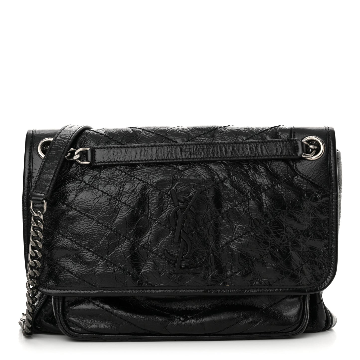 Crinkled Calfskin Matelasse Monogram Medium Niki Chain Satchel Black