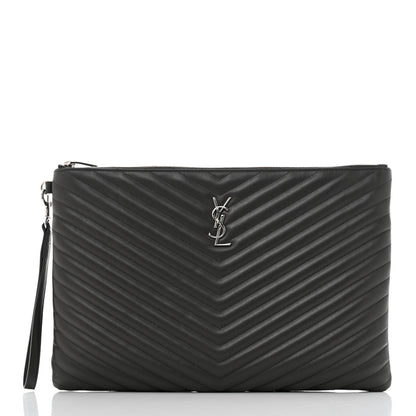 Saint Laurent Calfskin Matelasse Chevron Cassandre Monogram Document Holder Coal 2 of 9