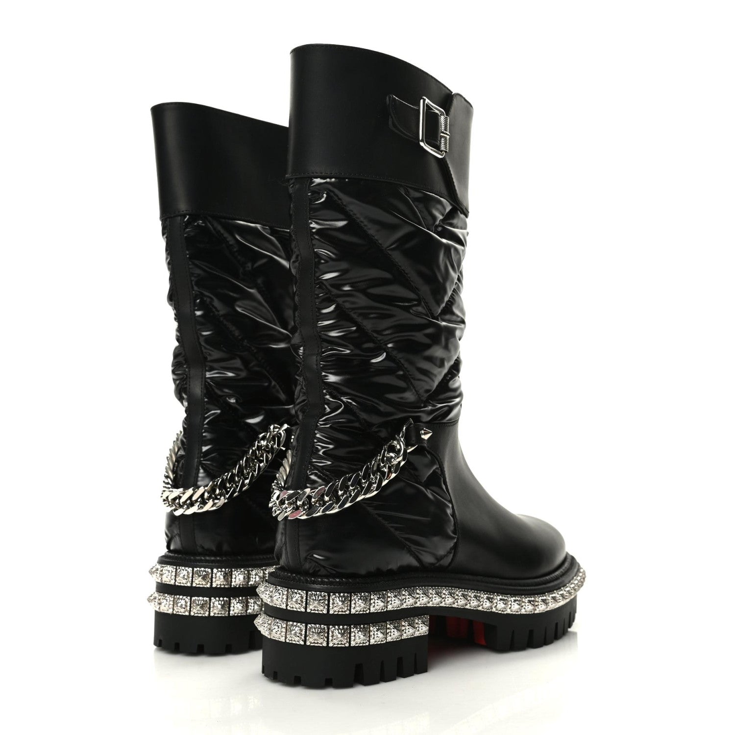 Christian Louboutin Glazed Fabric Quilted Calfskin Studded Chain Verdonna Boots 35.5 Black 4 of 6